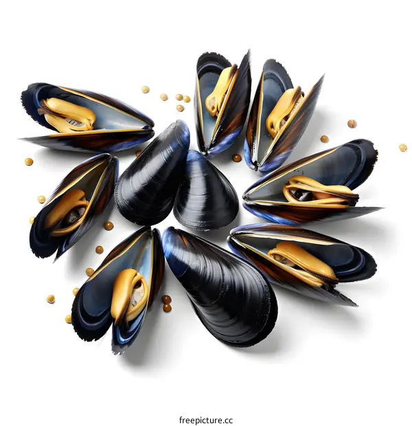 Fresh mussels arranged on white background