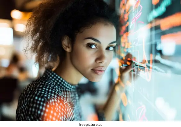 Focused Black Woman Working on Interactive Whiteboard