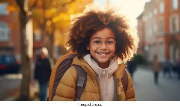 portrait of a smiling school girl with curly hair wearing a yellow jacket and glasses