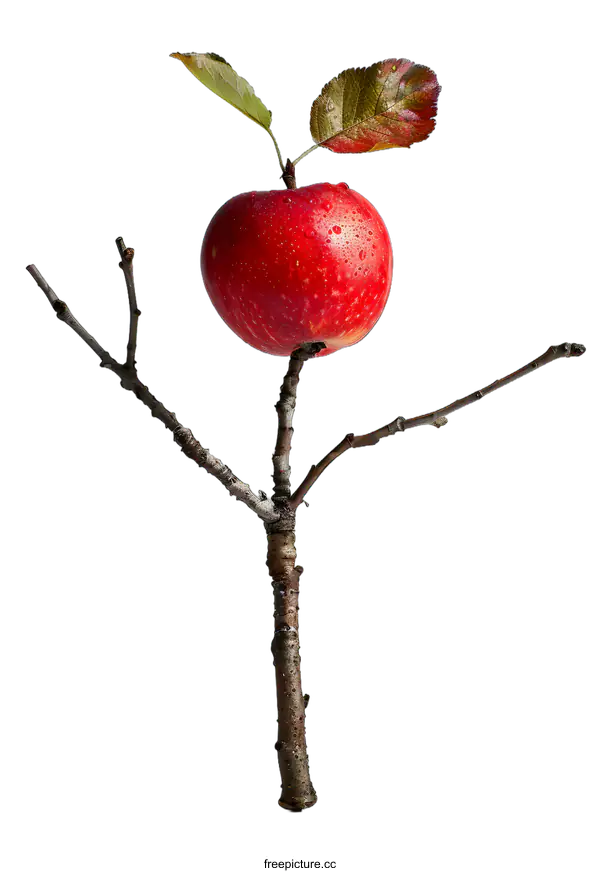 [Transparent Background PNG]A red apple on a single branch
