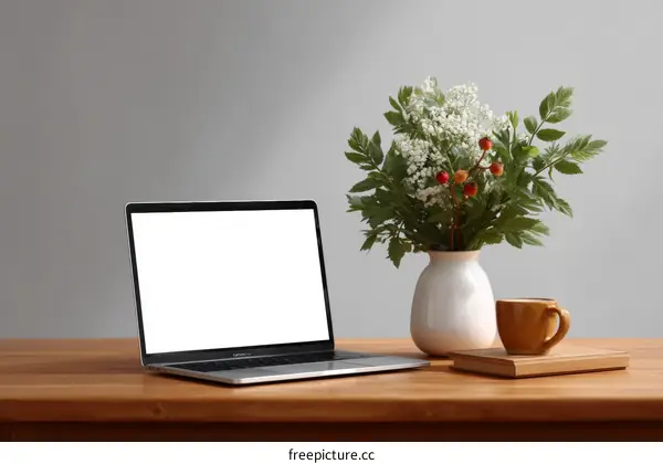 Laptop Workspace with Flowers and Coffee