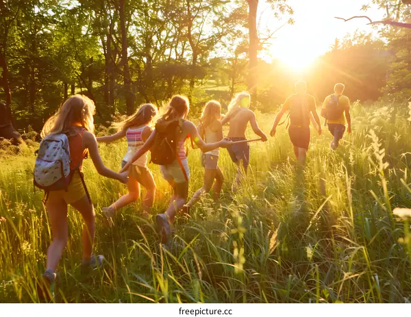 Group of friends hiking in the woods during sunset