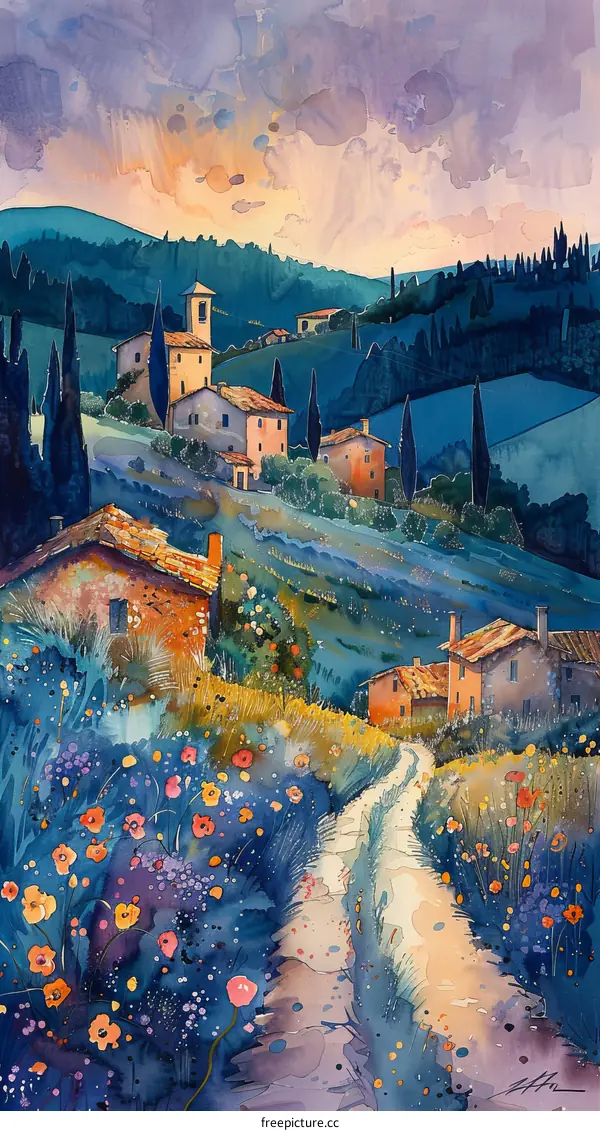 Path Through Valley Flower Field with Hilltop Village