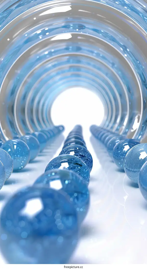 Blue glass marbles in a white glass tunnel
