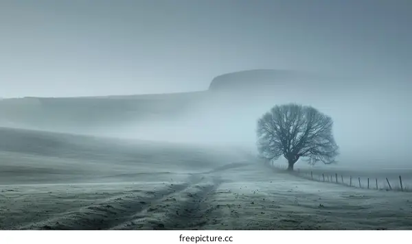 A solitary tree endures the swirling fog