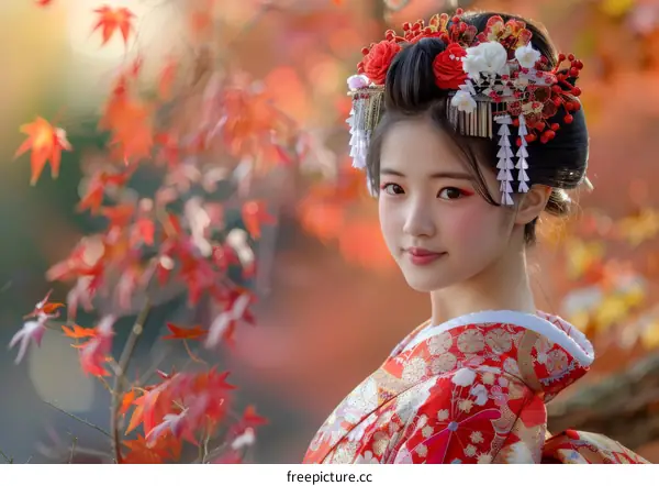 Japanese Geisha in Traditional Red Kimono