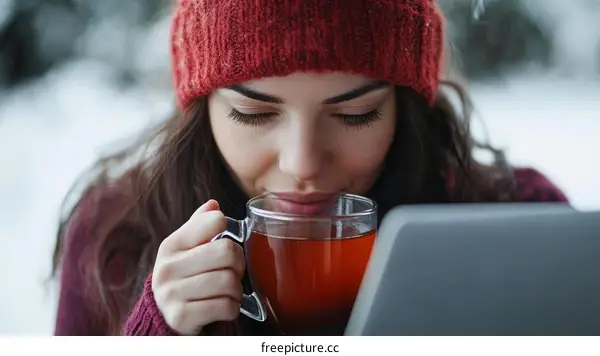 Woman enjoying hot drink outdoors in winter