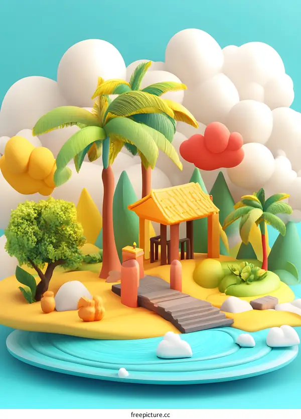 3D Illustration Of A Tropical Island With A Pagoda And Palm Trees