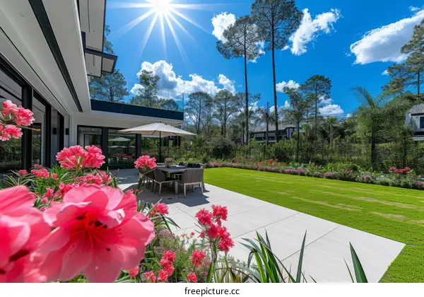 Modern house with beautiful garden and flowers