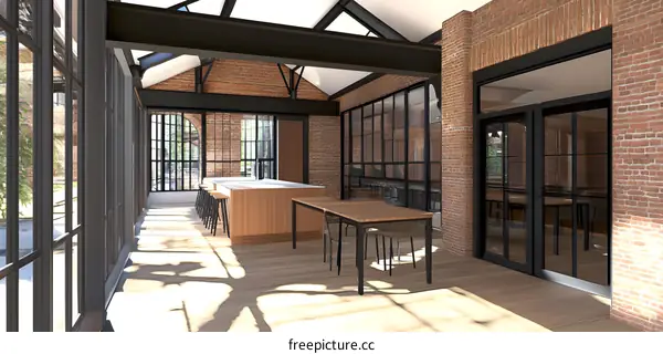 Industrial Style Interior Design With Brick Walls And Large Windows