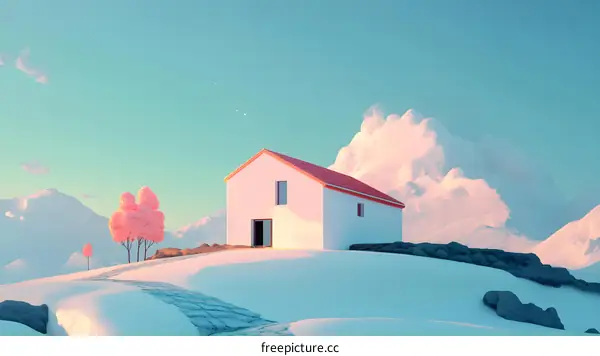 Minimalist White House on a Snowy Mountain