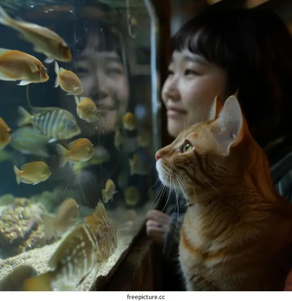 A ginger cat looking at an aquarium with a woman in the background