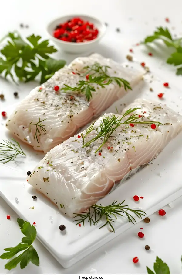 Fresh Raw Cod Fish Fillet with Herbs and Spices