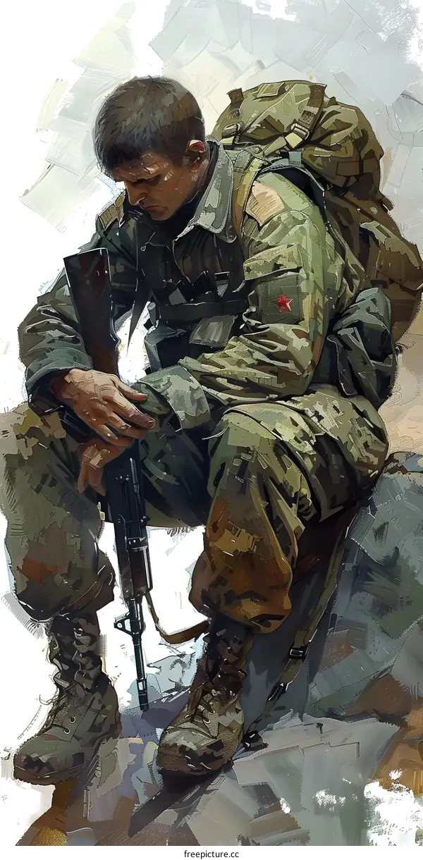 A soldier wearing a camouflage uniform is sitting on a rock. He is holding a gun and looking down.