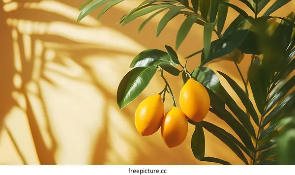 Lemon Tree with Three Lemons and Palm Leaves on Yellow Background