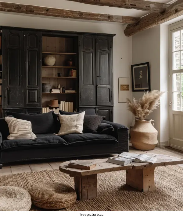 A living room with a black armoire, a black sofa, and a jute rug