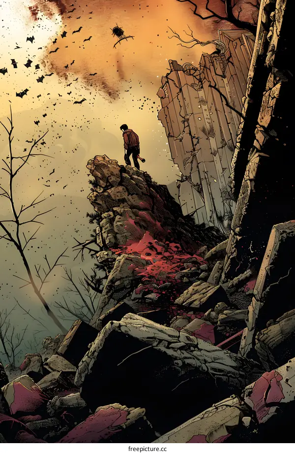 Man Looking at Destroyed Cityscape with Bats Flying