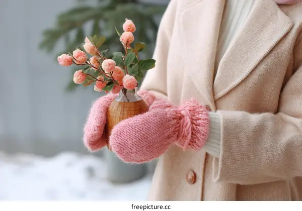 Winter Scene Woman Holding a Small Pink Flower Vase