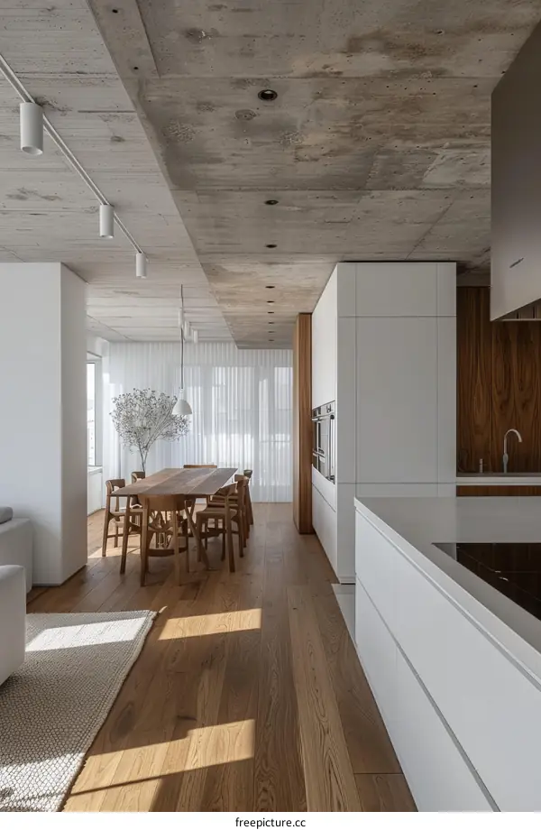 An open-plan living space with a dining table, kitchen, and living room