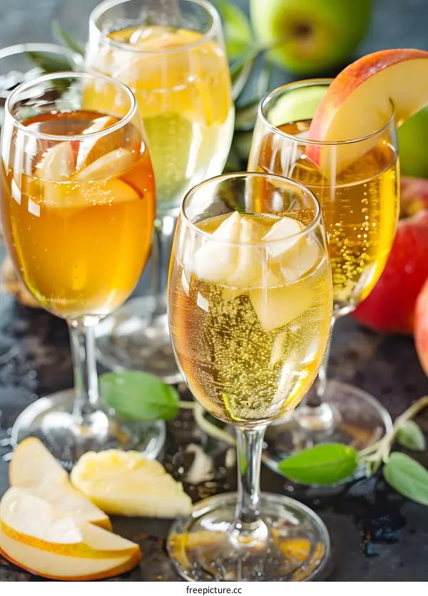 Closeup Of Sparkling Apple Cider In Glasses With Apple Slices