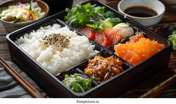 A delicious and healthy bento box with salmon, rice, vegetables, and salad.