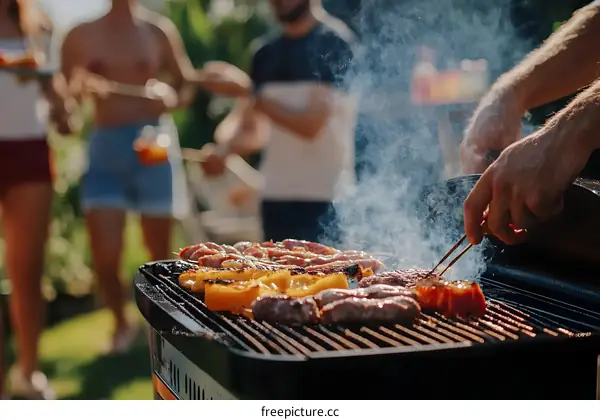 Summer Barbecue Grill With Friends Cooking Meat And Vegetables