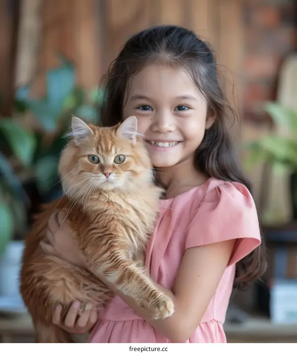 a girl hugging an orange cat