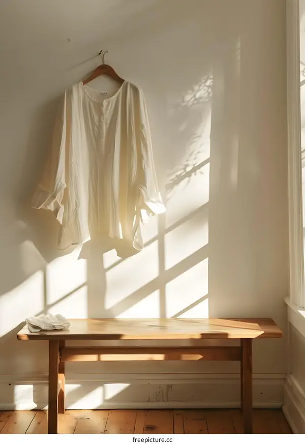 White Shirt Hanging on a Wooden Bench with Sunlight Streaming Through a Window