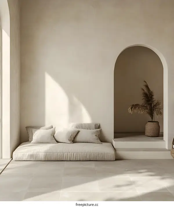 Minimalist Beige Living Room Interior Design With Arch