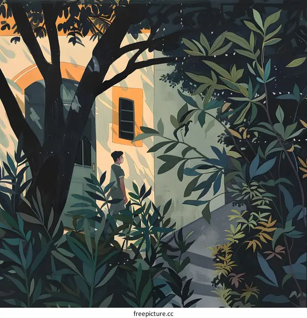 Man Wearing a Mask Walks Through a Lush Garden