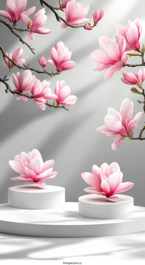 Spring Magnolia Flowers on a White Display