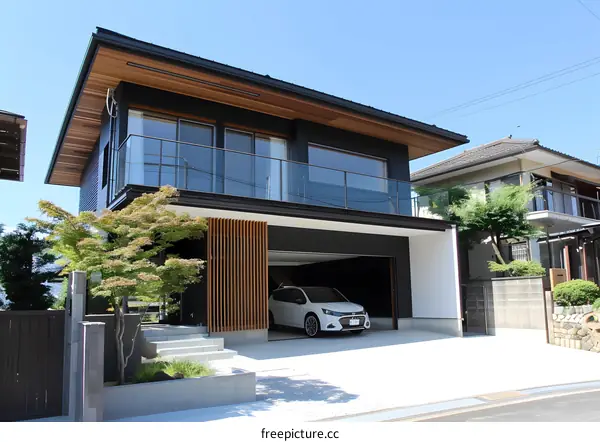 Modern Black And White House With Glass Balcony And A Car In The Garage