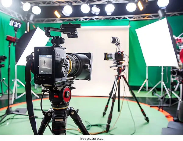 Professional Video Camera on Tripod in Studio