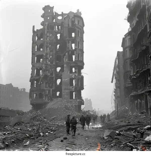 British soldiers walking through the ruins of a German city after an air raid during World War II