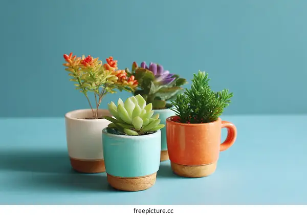 Small Succulent Plants in Colorful Pots on Teal Background