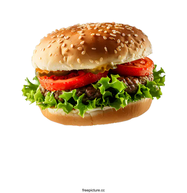 [Transparent Background PNG]A delicious-looking burger with sesame seeds on the bun and lettuce, tomato, and pickles on the inside