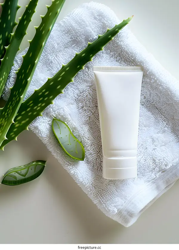 Aloe Vera And White Cream Tube On Towel