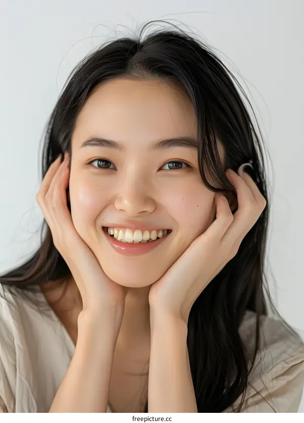 Smiling Asian Woman with Hands on Cheeks