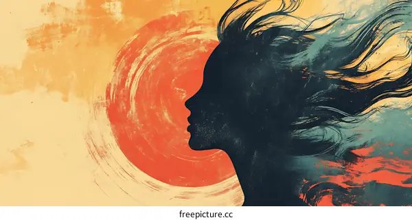 Abstract Silhouette Woman with Long Hair and Sun