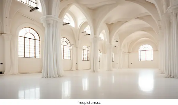 Large Empty Room with White Columns and Arched Windows