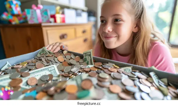 Little girl looking at a box full of money