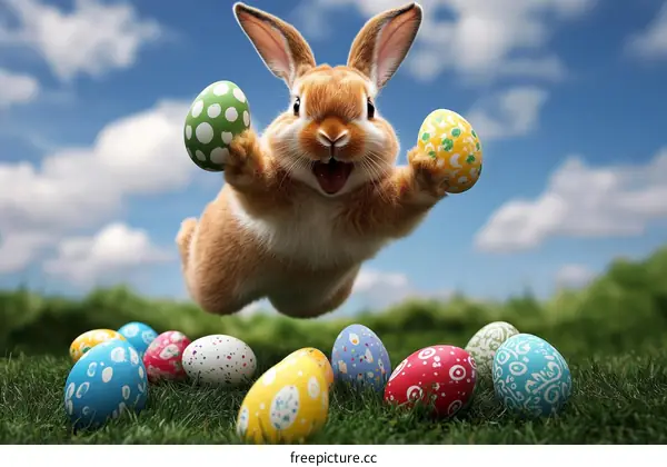 Easter Bunny Jumping with Colorful Eggs