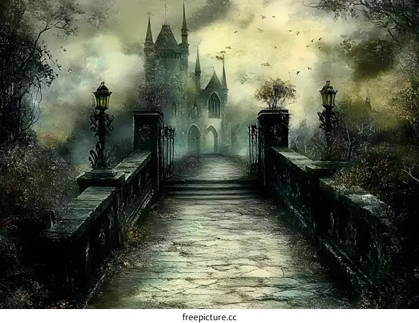 Mysterious Stone Bridge Leading to a Castle in the Fog