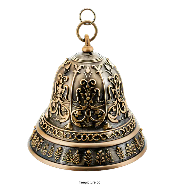 [Transparent Background PNG]Ornate Vintage Brass Bell with Detailed Floral Design