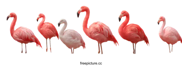 [Transparent Background PNG]Five Pink Flamingos in a Row Against White Background