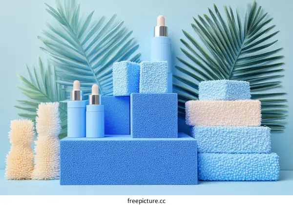Blue Cosmetic Products Display on Pastel Background