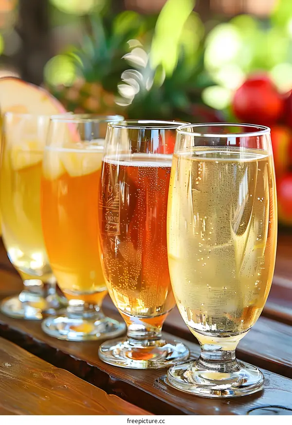 Four Glasses of Sparkling Apple Cider on Wooden Table