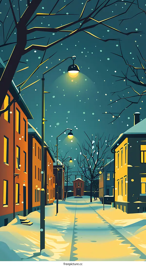 Snowy Night Street Scene with Illuminated Lamp Posts and Buildings