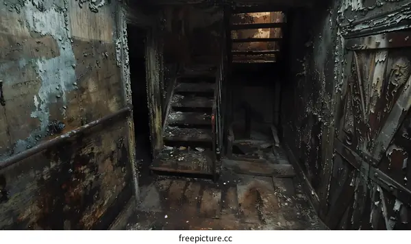 Old Abandoned Interior with Damaged Staircase
