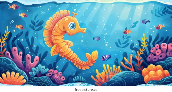 Playful Seahorse Swimming in a Vibrant Coral Reef